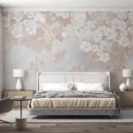Papier peint – Branches fleuries blanches sur fond beige
