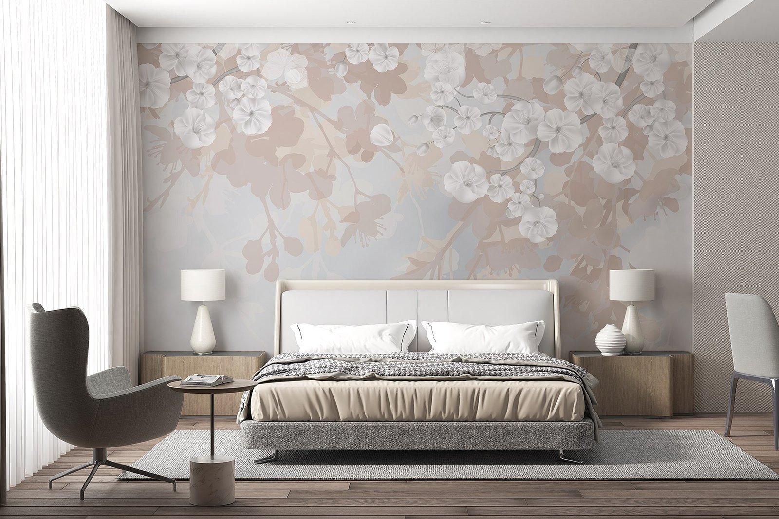 w08973pib21r.jpg Papier peint – Branches fleuries blanches sur fond beige – Image 1