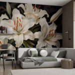 Papier peint – Lys blancs sur fond noir