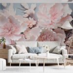 Papier peint – Pivoines rose pâle sur fond bleu