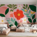 Papier peint – Fleurs graphiques multicolores sur fond rose