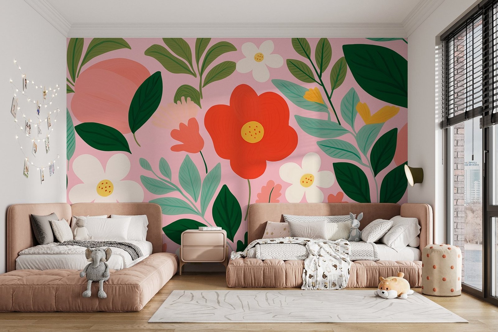 w08992pir16r.jpg Papier peint – Fleurs graphiques multicolores sur fond rose – Image 1