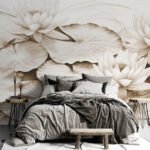 Papier peint – Fleurs beiges au tracé gravé