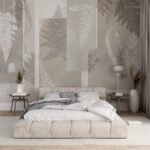 Papier peint – Feuilles blanches sur fond beige graphique
