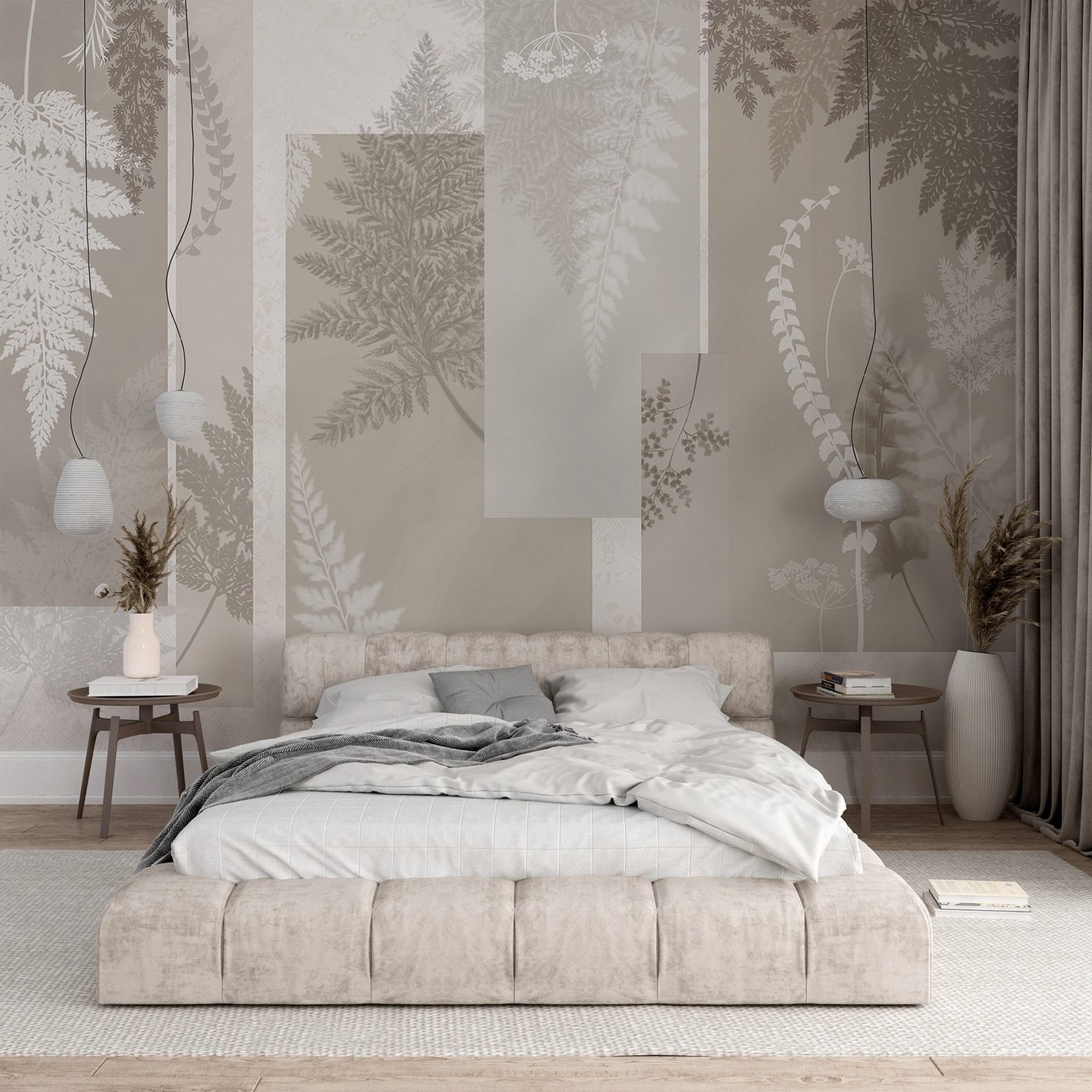 w09007pib1ms.jpg Papier peint – Feuilles blanches sur fond beige graphique – Image 1