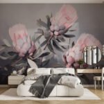 Papier peint – Magnolias roses sur fond gris