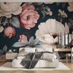Papier peint – Fleurs blanches et roses sur fond sombre