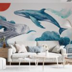 Papier peint – Baleines bleues et vagues graphiques