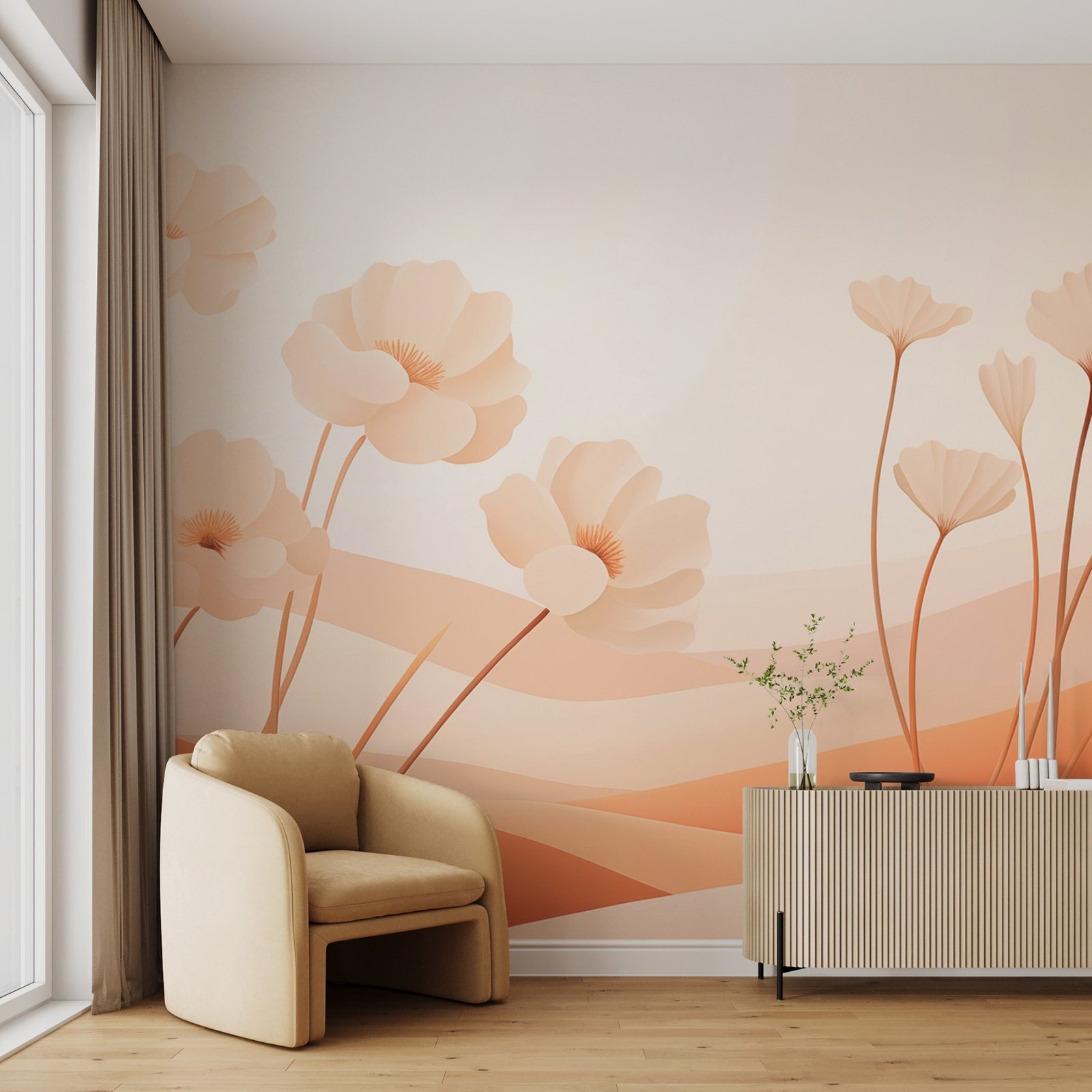 w09030pig17ms.jpg Papier peint – Fleurs orangées et collines pastel – Image 1