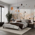 Papier peint – Arbres graphiques et cercles orangés