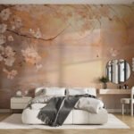 Papier peint – Branches fleuries sur fond ocre patiné