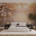 Papier peint – Branches fleuries sur fond ocre patiné – Image 2