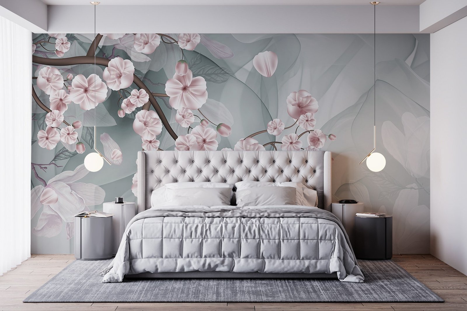 w09054pib32r.jpg Papier peint – Branches fleuries roses sur fond bleu grisé – Image 1