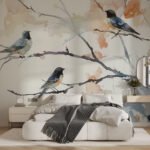 Papier peint – Oiseaux sur branches aux feuilles orangées