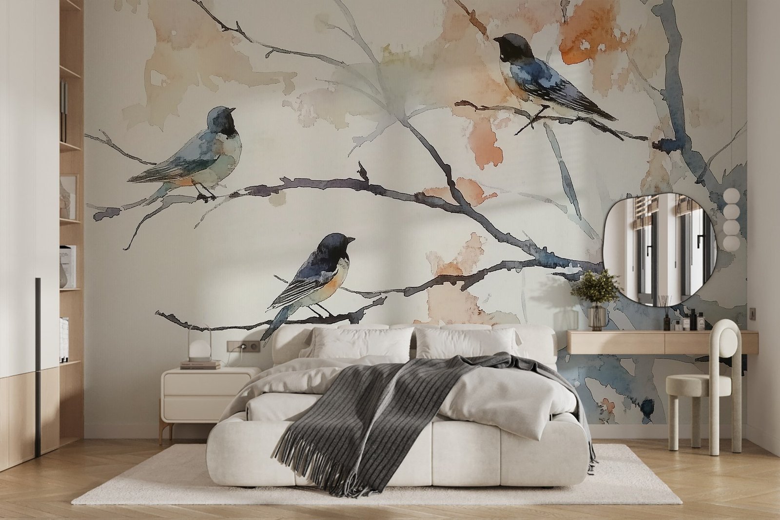w09064pib1r.jpg Papier peint – Oiseaux sur branches aux feuilles orangées – Image 1