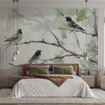 Papier peint – Oiseaux sur branches aux feuilles vertes