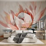 Papier peint – Protea rose et feuillage corail