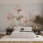 Papier peint – Fleurs légères roses et crème