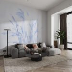 Papier peint – Graminées bleues sur fond blanc