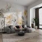 Papier peint – Fleurs blanches et touches jaune doux